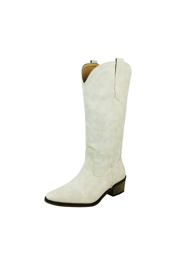 AZAR MAN Women's Western Cowboy Snip Toe Embroidered Leather Knee High Cowgirl Boots Wide Calf (White, US Footwear Size System, Adult, Women, Numeric, Medium, 9.5)