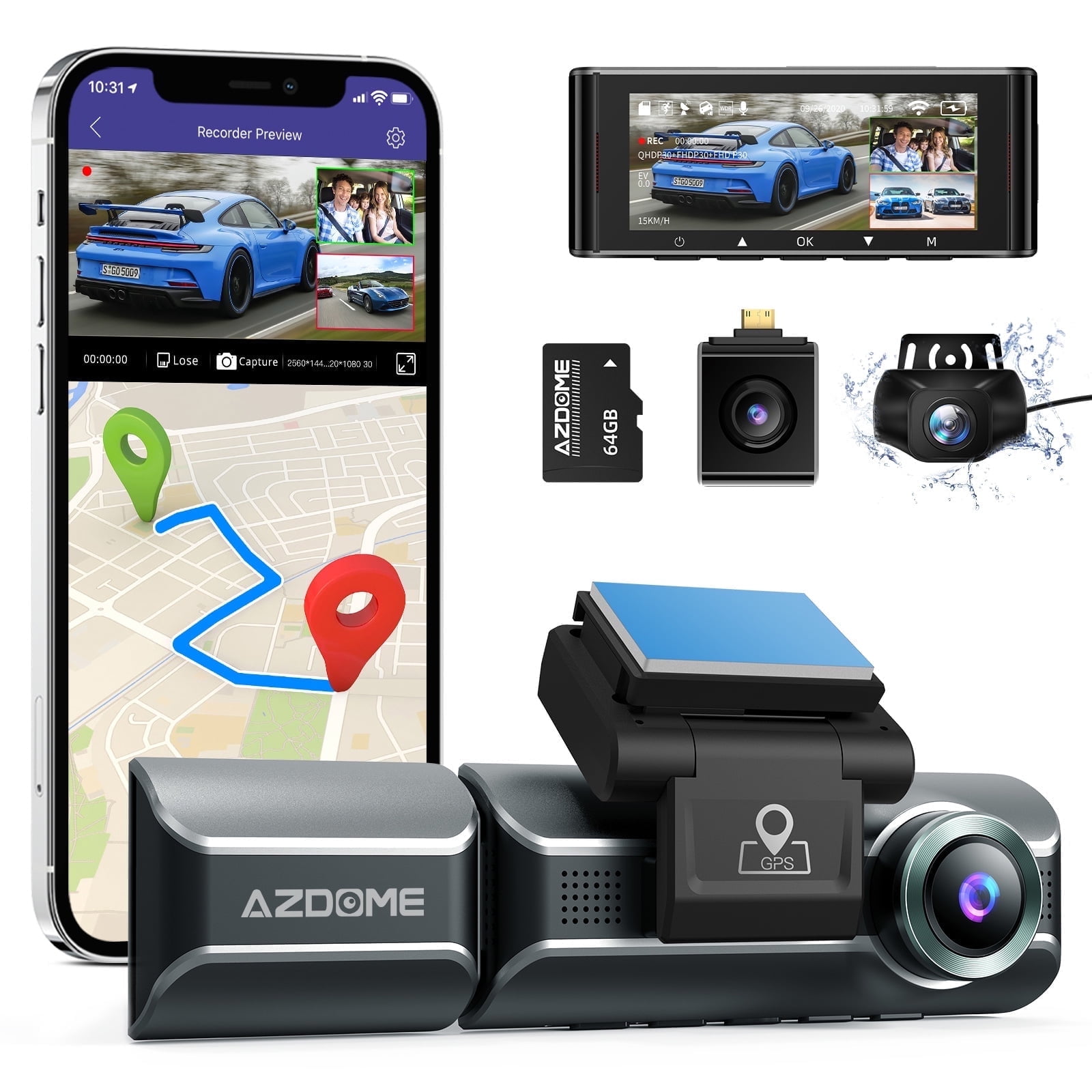 AZDOME 3 Channel Dash Cam with 4K WiFi , Dual Front and Rear for Car 4K+1080P Free 64GB Card, Built-in GPS 24H Parking Mode IR Night Vision WDR 3.19" IPS, Max up Support to 256GB, Easy to Install