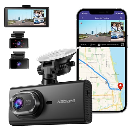 AZDOME 3 Channel Dash Cam, 4k Dash Camera Front and Rear, Dashcam Three Way with 4" IPS Touchscreen, Triple Car Camera with eMMC 128GB, IR Night Vision, G-Sensor, Parking Monitor