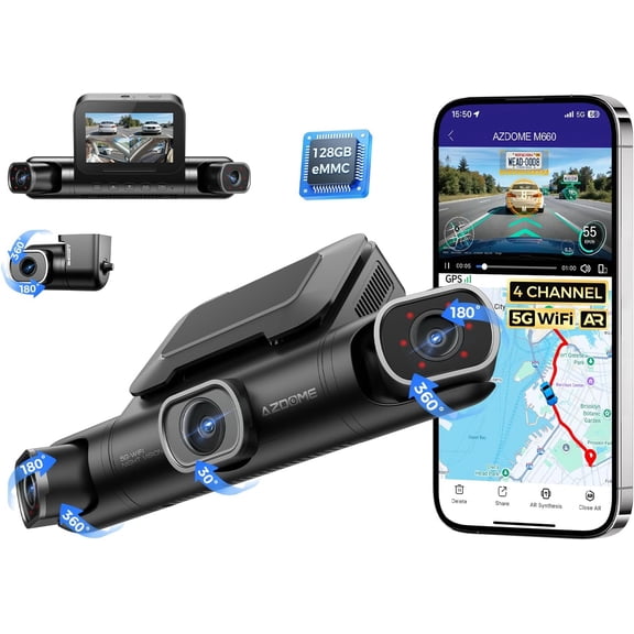 AZDOME 4 Channel 360° Dash Cam Front Rear Inside with 128GB eMMC,2K+1080P*3 Dashcam 5G WiFi Dash Camera for Cars, IR Night Vision, Smart Voice Control, M660 (Matte Black)