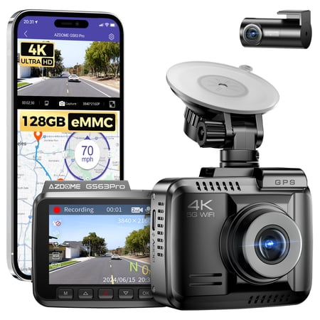 AZDOME 4K HDR Dash Cam with No-Light Full-Color Night Vision, 128GB eMMC, ADAS, 4K+1080P Dashcam Front and Rear, 5GHz WiFi GPS 24H Parking Mode Car Camera, GS63Pro