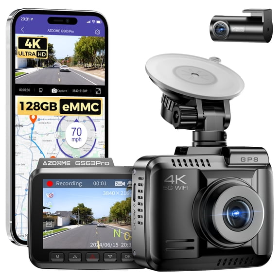 AZDOME 4K HDR Dash Cam with No-Light Full-Color Night Vision, 128GB eMMC, ADAS, 4K+1080P Dashcam Front and Rear, 5GHz WiFi GPS 24H Parking Mode Car Camera, GS63Pro