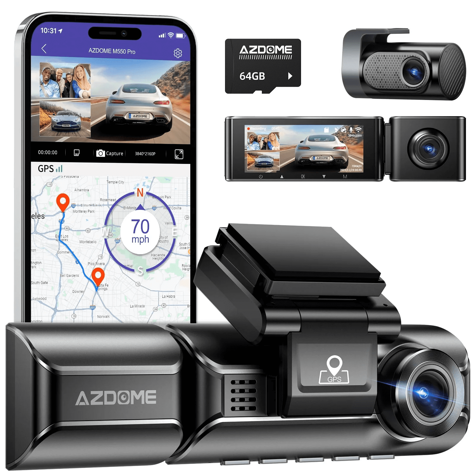 AZDOME 5G WiFi 3 Channel 4K Dash Cam for Car, Free 64GB Card Dash Camera Front and Rear 3.19" IPS Screen, Front and Rear Inside 2K+1080P+1080P, 24H Parking Mode IR Night Vision G-Sensor GPS