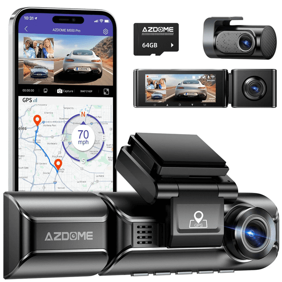 AZDOME 5G WiFi 3 Channel 4K Dash Cam for Car, Free 64GB Card Dash Camera Front and Rear 3.19" IPS Screen, Front and Rear Inside 2K+1080P+1080P, 24H Parking Mode IR Night Vision G-Sensor GPS