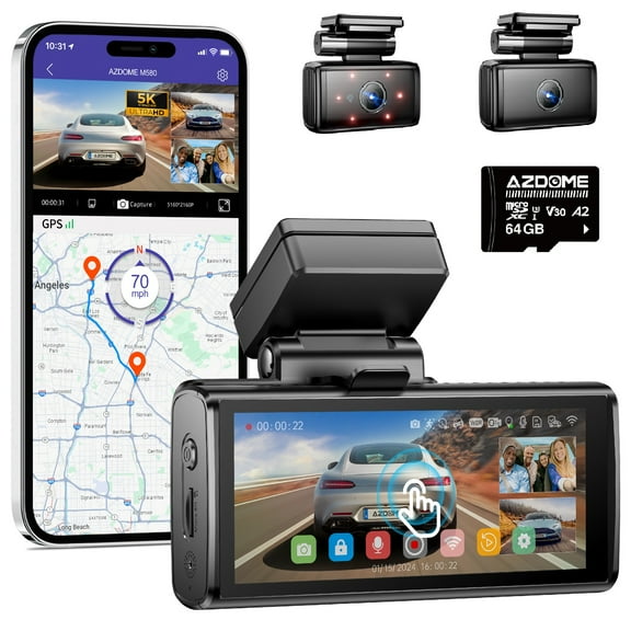 AZDOME Car Dash Cam 3 Channel, 5K Dash Camera Front and Rear Inside 4K+1080P+1080P, Dashcam with WiFi & 64GB Card, IR WDR Night Vision, 4" Touchscreen GPS 24H Parking Mode G-Sensor Loop Recording