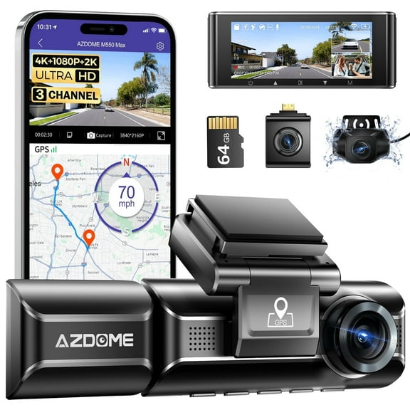 AZDOME Dash Cam 3 Channel with 4K WiFi , Resolution Supports up to 4k+1080P+2k, Built-in GPS 24H Parking Mode IR Night Vision WDR 3.19" IPS, Max to 256GB