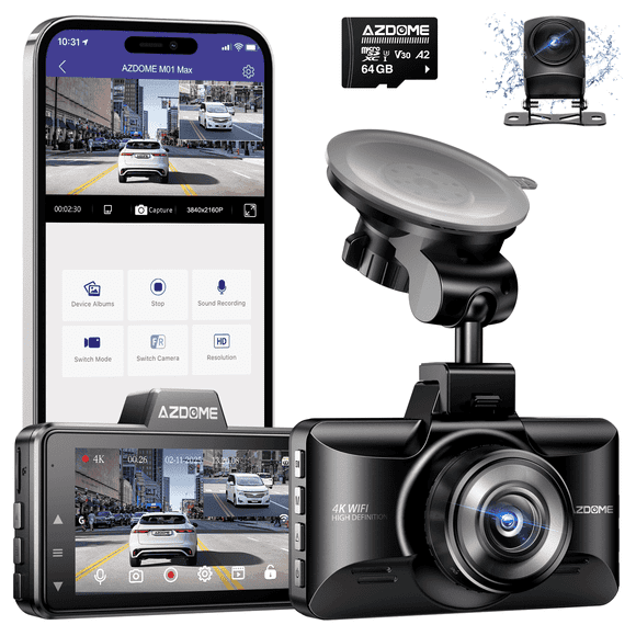 AZDOME Dash Cam Front and Rear, 4K+1080P Dual Dash Camera for Cars,with Built-in WiFi G-Sensor, ADAS, App Control, 24H Parking Mode, Waterproof Backup Camera, 64GB Card Included