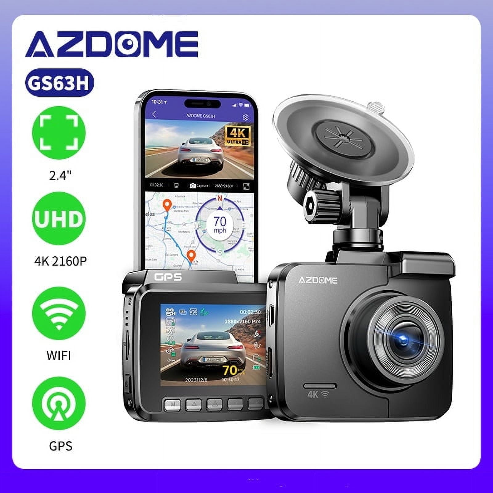 AZDOME Dash Cam with WiFi 4K , UHD 2160P Dash Camera, 170 Wide Angle Dashcam, Built-in GPS WDR Night Vision 24H Parking Mode, Loop Recording Easy to Install