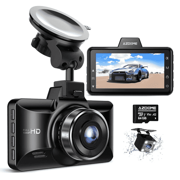 AZDOME Dual Dash Cam Front and Rear, 3 inch 2.5D IPS Screen Free 64GB Card Car Driving Recorder, 1080P FHD Dashboard Camera, Waterproof Backup Camera Night Vision, ADAS, Park Monitor, G-Sensor