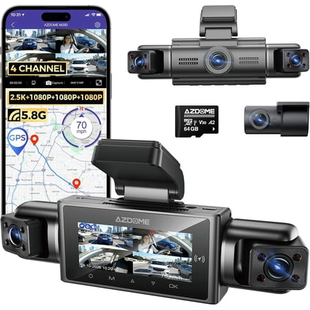 AZDOME M350 Car Dash Cam 4 Channel 360 Full View Front 2.5K Rear 1080P IR Night Vision Built-in GPS Voice Control 5G WiFi 24/7 Recording