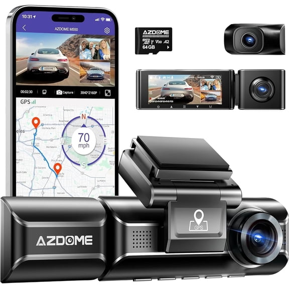 AZDOME Car Dash Camera M550 3-Channel 4K UHD IR Night Vision GPS WiFi 24H Parking Mode 3.19 in Screen 1 Pack