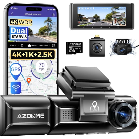 AZDOME Car Dash Camera M550 3 Channel 4K+2.5K+1080P Dual STARVIS Sensors Built-in WiFi GPS with 64GB Card