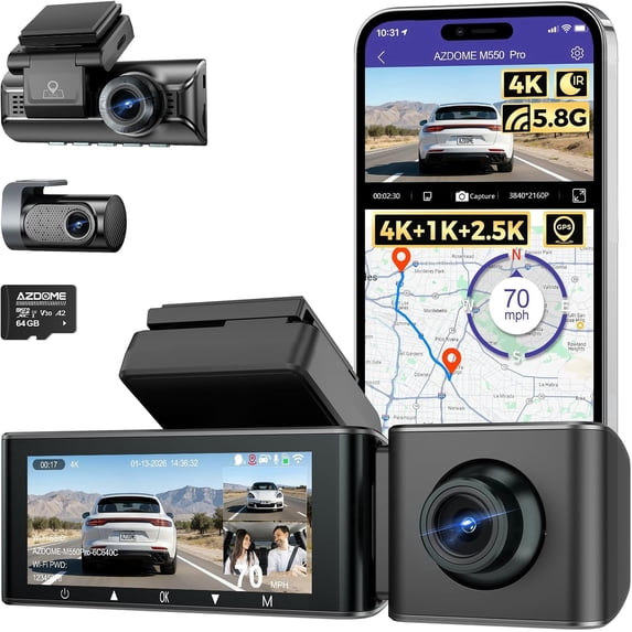 AZDOME 3 Channel Dash Cam M550 Pro 4K+2.5K+1080P Resolution Dual STARVIS Sensors WiFi GPS IR Night Vision 1 Pack 3.19 in Screen