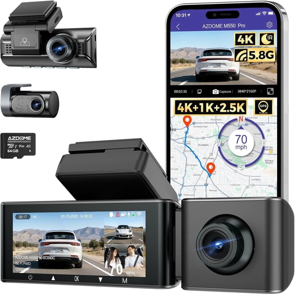 AZDOME 3 Channel Dash Cam M550 Pro 4K+2.5K+1080P Resolution Dual STARVIS Sensors WiFi GPS IR Night Vision 1 Pack 3.19 in Screen
