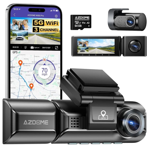 AZDOME M550 Pro 5G WiFi 3 Channel Dash Cam Built-in GPS, 4K Dual Dash Camera Front and Rear with 64GB Card, 2.5K+1080P Triple Car Camera, 3.19" IPS Screen, IR Night Vision, 24H Parking Mode