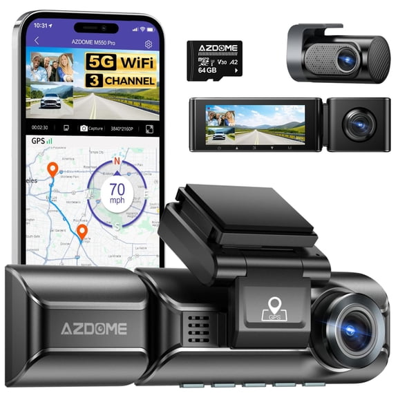 AZDOME M550 Pro 5G WiFi 3 Channel Dash Cam Built-in GPS, 4K Dual Dash Camera Front and Rear with 64GB Card, 2.5K+1080P Triple Car Camera, 3.19" IPS Screen, IR Night Vision, 24H Parking Mode