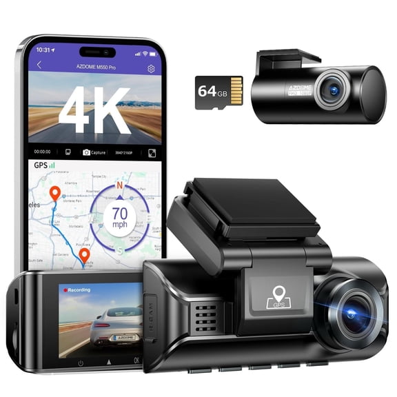 AZDOME M550 Pro Dash Cam, 4K Front and 1080P Rear, 3.18'' IPS Screen, 150 Wide Angle, WDR, 24H Parking Mode, G-Sensor, Built-in 5GHz Wi-Fi, APP Control
