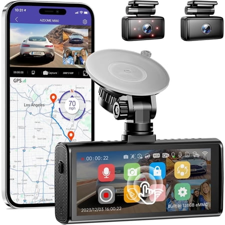 AZDOME M560 3 Channel 4K Dash Cam, 4" IPS Touchscreen Built-in eMMC 128GB Front and Rear Inside, WiFi GPS 2K+1K Dual on Board Dashcam for Car