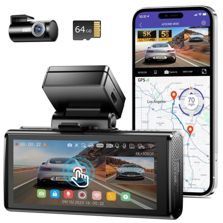 AZDOME M580 5K 5GHz WiFi Dash Cam Front and Rear, Touch Screen 4 Inch, UHD 4K+1080P Car Dash Camera with 64GB Card, Dashboard Camera Built-in GPS, WDR Night Vision, 24H 4 Modes Parking Monitor