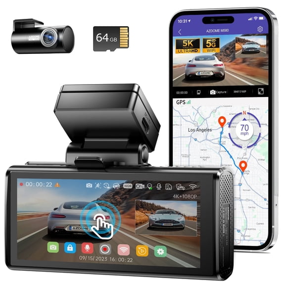 AZDOME M580 5K 5GHz WiFi Dash Cam Front and Rear, Touch Screen 4 Inch, UHD 4K+1080P Car Dash Camera with 64GB Card, Dashboard Camera Built-in GPS, WDR Night Vision, 24H 4 Modes Parking Monitor