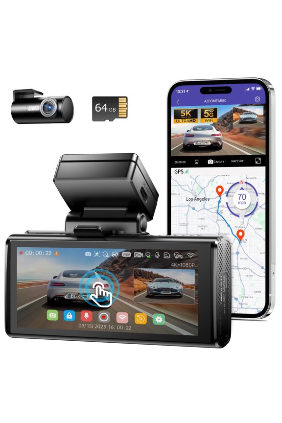 M580 5K 5GHz WiFi Dash Cam Front and Rear, Touch Screen 4 Inch, UHD 4K+1080P Car Dash Camera with 64GB Card, Dashboard Camera Built-in GPS, WDR Night Vision, 24H 4 Modes Parking Monitor