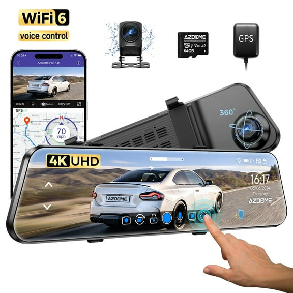 AZDOME 12" Touch Screen Mirror Dash Cam Front and Rear 4K, 64GB Card, Wifi6, GPS, Voice Control, 24H Parking Mode, WDR Night Vision