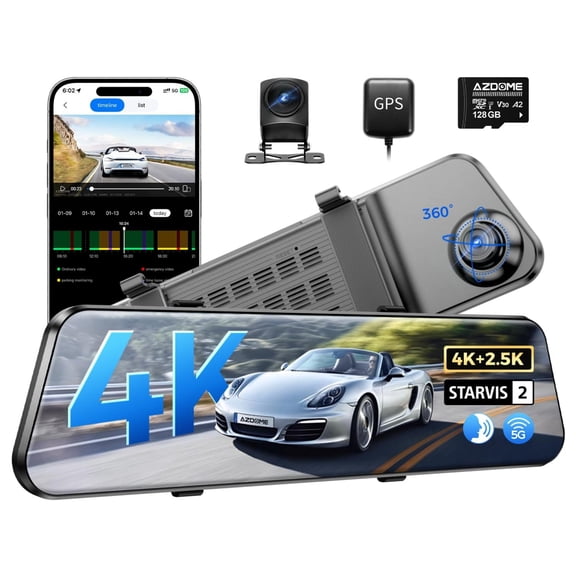 AZDOME PG17 Pro Mirror Dash Cam Front and Rear with HDR, STARVIS 2 Rear View Mirror Camera with 5G WiFi, 4K+2.5K Dashcam, OTA Upgrade, Timeline Playback, Parking Assist, Voice Control, 128GB Card