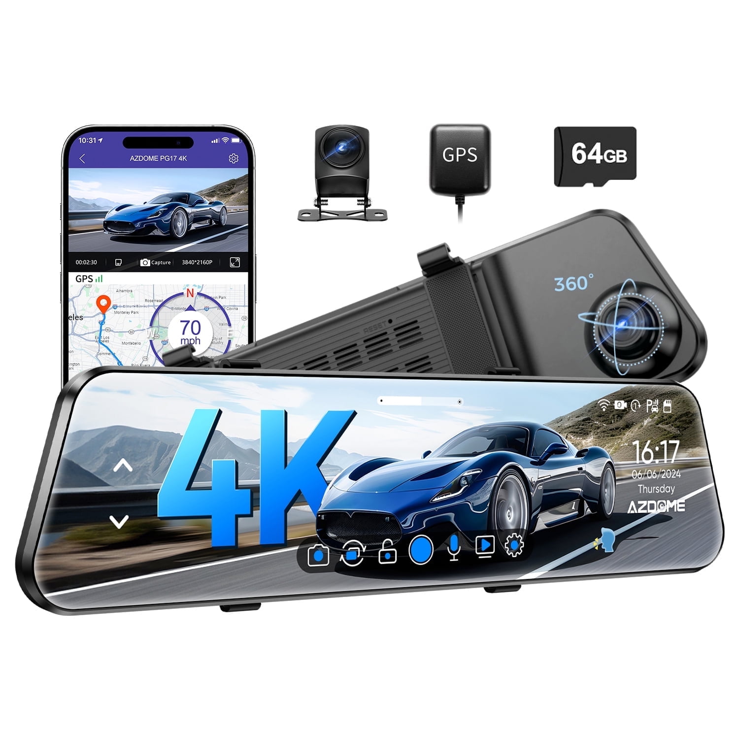 AZDOME Rear View Mirror Dash Cam, Dual Camera 4K Front and 1080P Rear Camera, 12'' Mirror Dash Cam with Night Vision, Built-in Wi-Fi GPS, Free 64GB Card, Parking Monitor