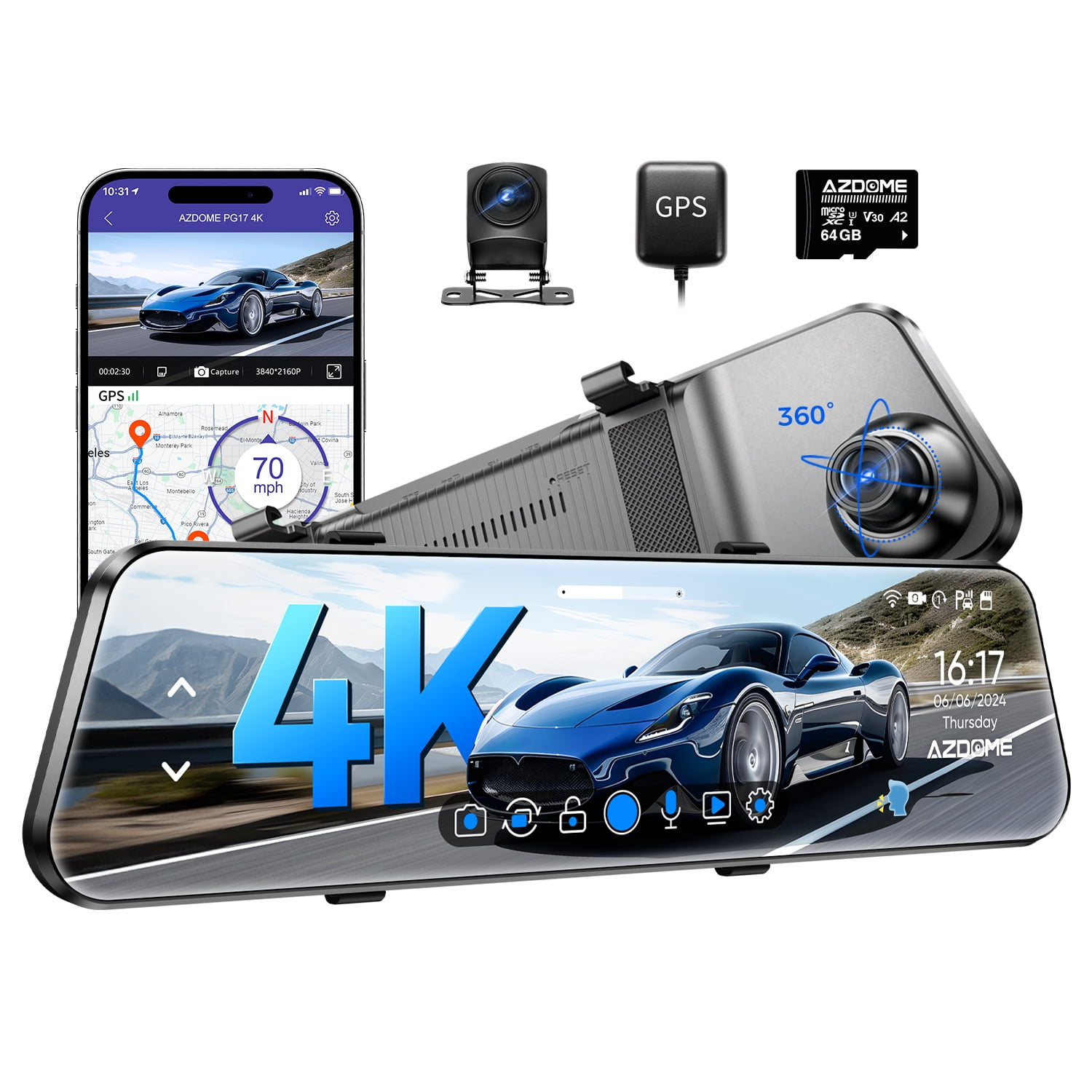 AZDOME Rear View Mirror Dash Cam, Dual Camera 4K Front and AZDOME Rear View Mirror Dash Cam, Dual Camera 4K Front and