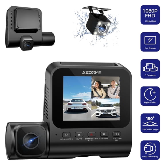 AZDOME 1080P Dual Dash Camera V600 Front and Inside, 3'' Screen, IR Night Vision, 24/7 Parking Mode