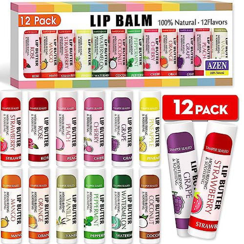 AZEN 12 Pack Lip Balm, Natural Lip Balm Bulk, Lip Care Product, Moisturizing Lip Balm for dry