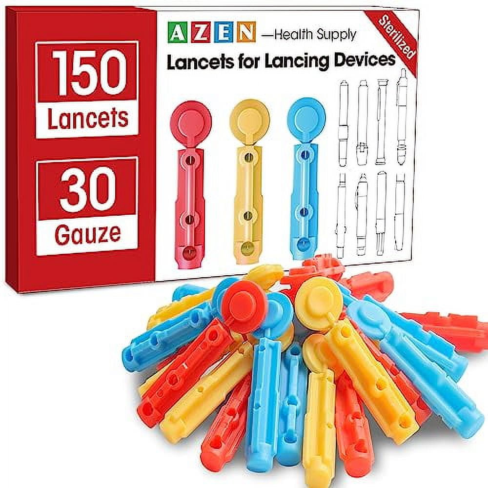 AZEN 150 Pcs Lancets for Diabetes Testing, 30 Gauge Multicolored Blood