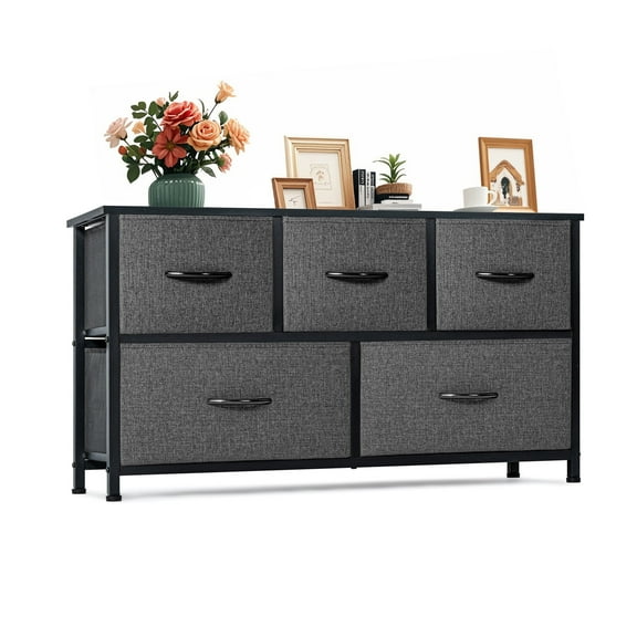 AZL1 Life Concept Extra Wide Dresser Storage Tower with Sturdy Steel Frame, 5 Drawers of Easy-Pull Fabric Bins, Organizer Unit for Bedroom, Hallway, Entryway, Dark Grey