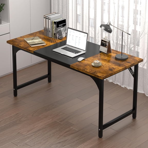 AZN Computer Desk, 55in Computer Desk, Gaming Office Desk w/Carbon Fiber Tabletop, Gaming Office Desk w/Sturdy Metal Frame, Home Office Desks w/Large Legroom for Game Work Study Writing,RusticBrown