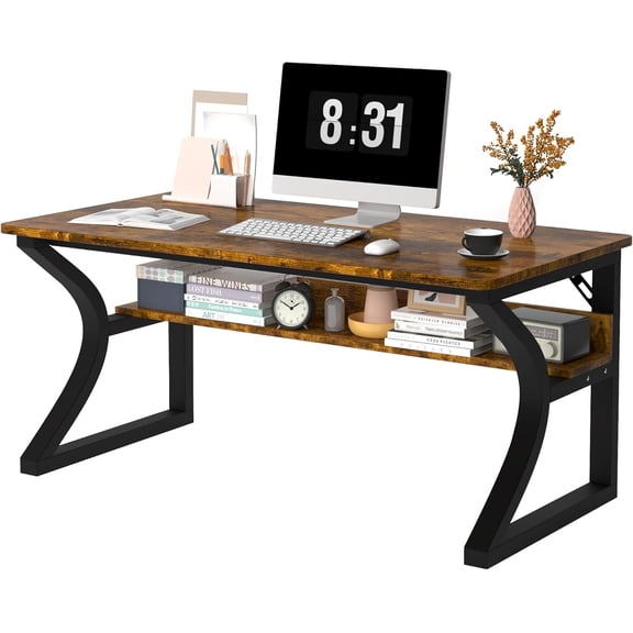 AZN Computer Desk, Computer Desk 55in, Office Desk w/Metal Frame & Storage, Office Desk for Study Writing Work Game, Home Office Desk Computer Desks w/Waterproof & Scratch-Resistant Surface, Brown