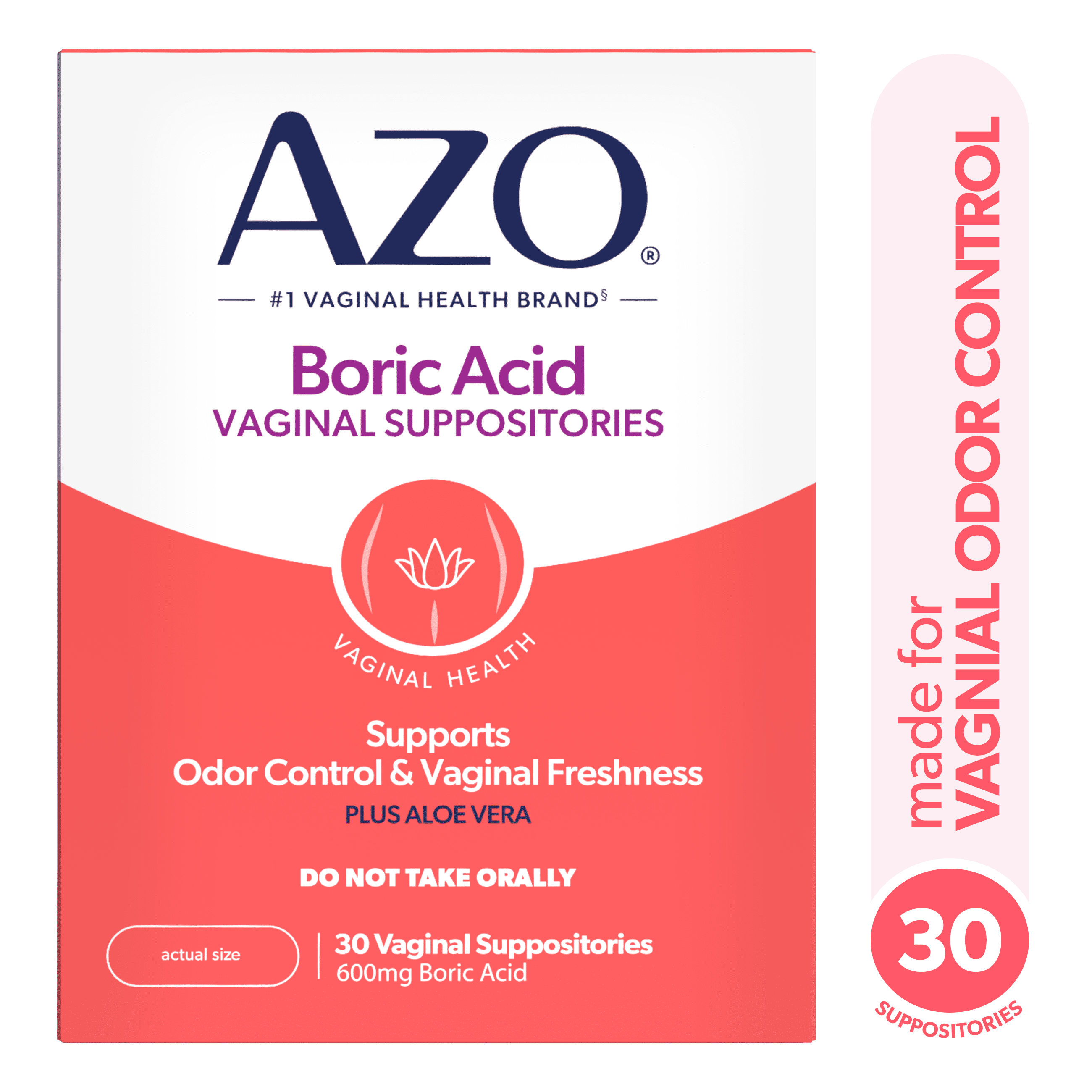 AZO Boric Acid Vaginal Suppositories with Aloe Vera, Supports Odor Control & Freshness Naturally, 30 Count