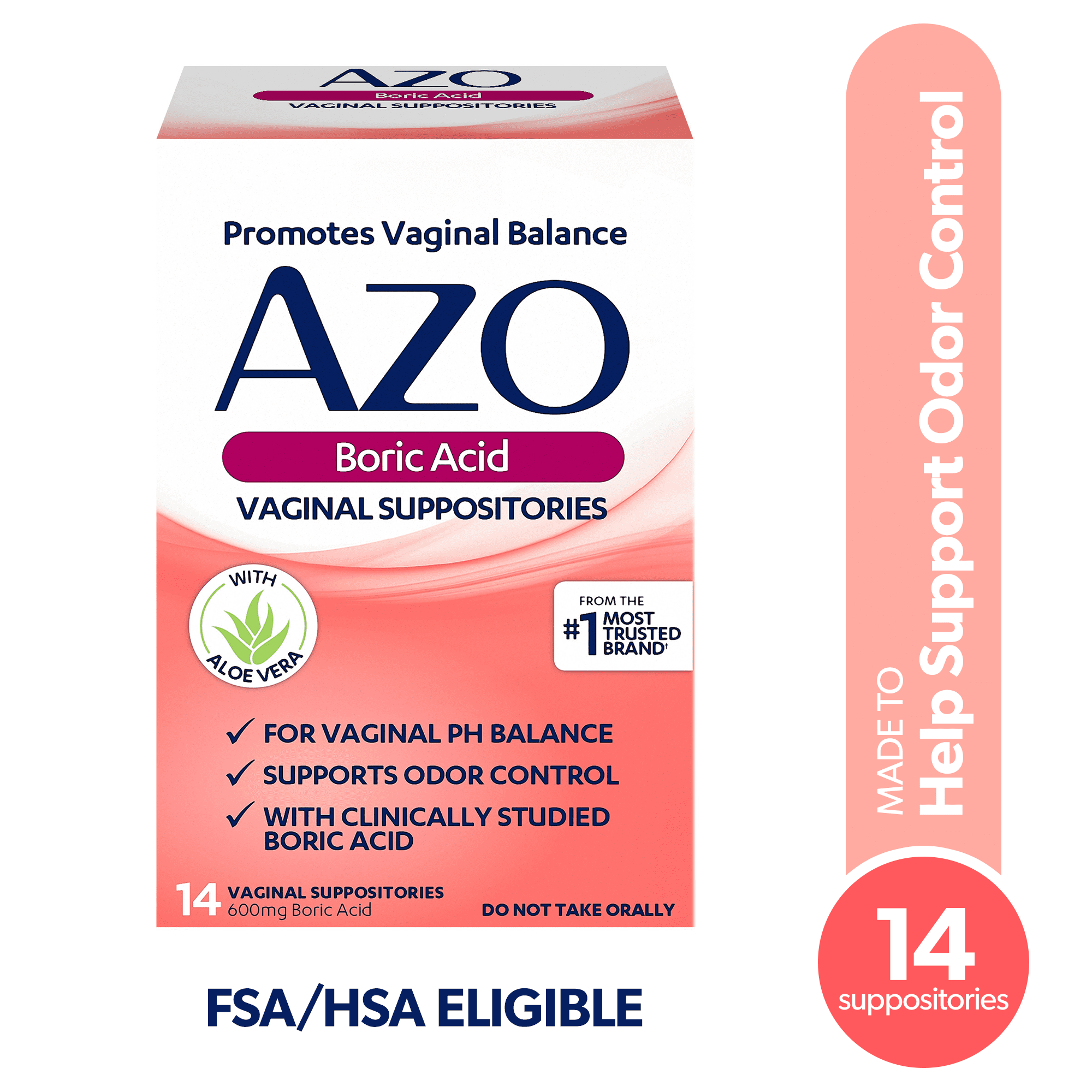 AZO Boric Acid Vaginal Suppositories, with Aloe Vera, FSA/HSA Count, 600 mg, 14 Count