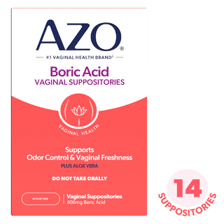 AZO Boric Acid Vaginal Suppositories with Aloe Vera, Supports Odor Control & Freshness Naturally, FSA/HSA Eligible, 14 Count