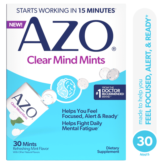 AZO Clear Mind Mints, Energy Mints for Focus and Alertness with L-Theanine and Caffeine, Clarity Without the Jitters, 30 Count