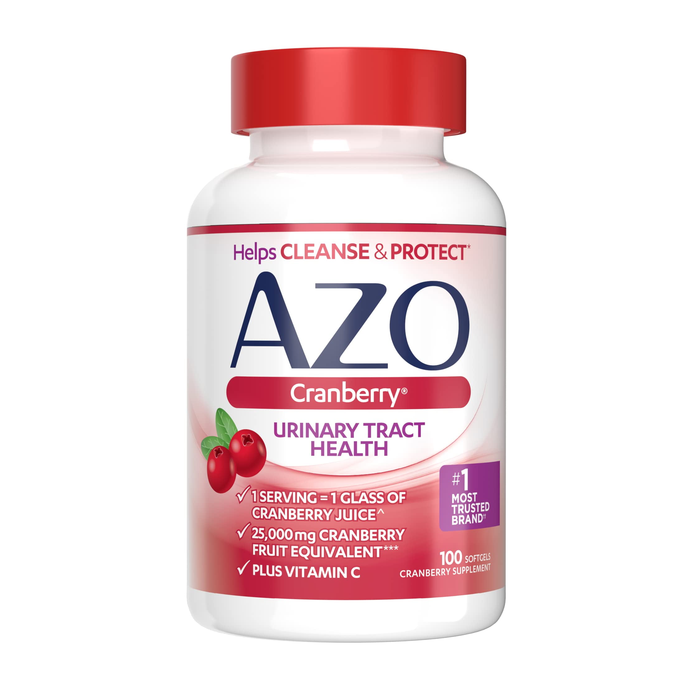 AZO Cranberry Supplement, Made with Concentrated Whole KMC2Fruit Cranberry Powder to Help Cleanse and Protect the Urinary Tract*, Sugar Free Cranberry Pills, Non-GMO, 100 Softgels