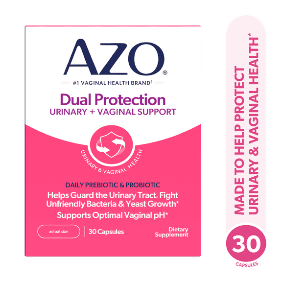 AZO Dual Protection Urinary & Vaginal Support Supplement, Prebiotic + Probiotic Blend for Balanced Health & Discomfort Relief, 30 Count