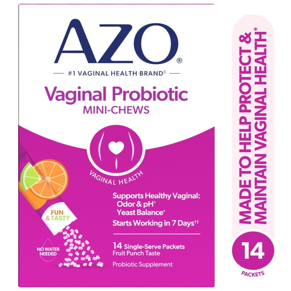 AZO Vaginal Health Probiotic Mini-Chews Daily Supplement, Restores Natural Feminine Balance of Good Bacteria & Yeast, Fruit Punch Flavor, 14 Count