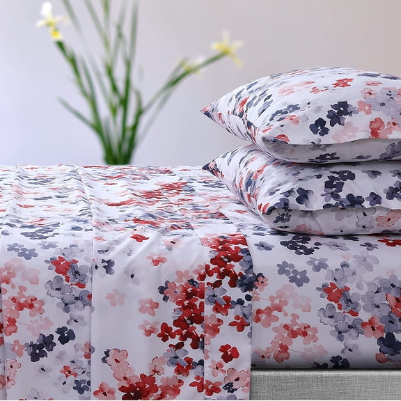 AZORES HOME Juliette Printed Deep Pocket Sheet Set with Oversized Flat - Queen, Red Red Queen