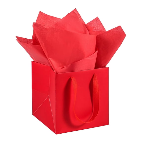 AZOWA Red Square Gift Bags with Tissue - 6 Inch Paper Bags with Handles Birthday Party Favor Christmas Wedding Gift Box Flowers Decoration (10 PCS, 6x6x6 in)