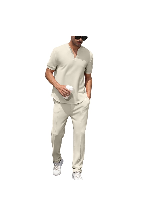 Mens Lounge Two Piece Outfit Relaxed Fit Tracksuit Sweat Suit Set Beige Size M