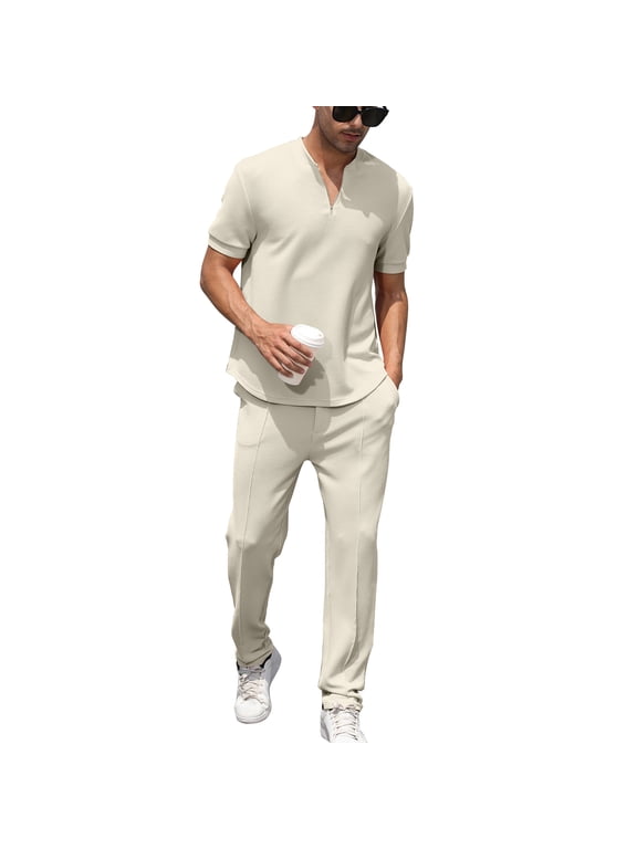 Mens Lounge Two Piece Outfit Relaxed Fit Tracksuit Sweat Suit Set Beige Size M