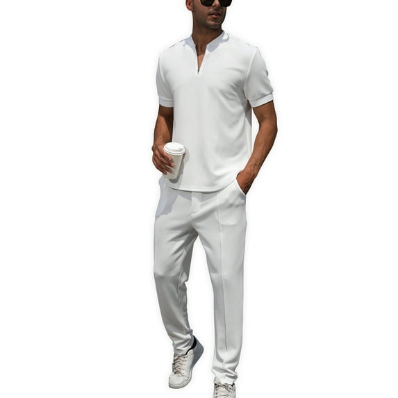 AZPSRT White Party Outfit for Men Matching Set – All-White Fashionable Casual Suit for Travel Size M