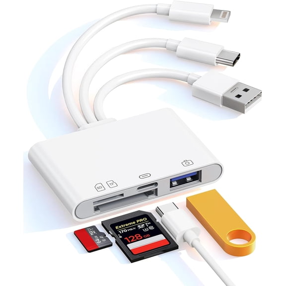 AZQYFDC for Flash Drive Adapter & SD/TF Card Reader for iPhone - 4-in-1 OTG Adapter with SD/TF Slots & USB-A/USB-C Flash Drive Port to Transfer Photos to Phone, Triple USB-C/Lightning/USB-A