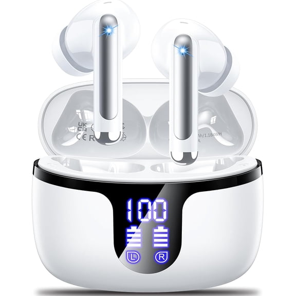 AZQYFDC for Wireless Earbuds,Bluetooth 5.4 in-Ear Headphones with 4 ENC Noise Cancelling Mics, with 48H Playtime LED Display, Earbuds IPX7 Waterproof,Headphones HiFi Sound for iOS Android,White