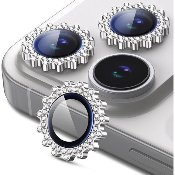AZQYFDC for iPhone 17 Pro/17 Pro Max Camera Lens Protector, Explosion-Proof 9H Tempered Glass with Diamond Gear Metal Ring, HD Anti-Scratch Lens Protection Decoration Accessories (Silver)